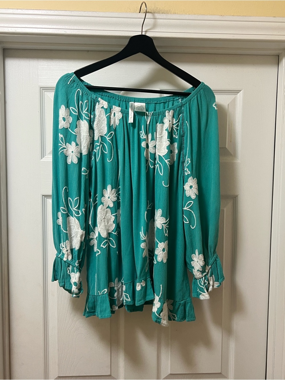 Embroidered Teal Off-Shoulder Peasant Tunic